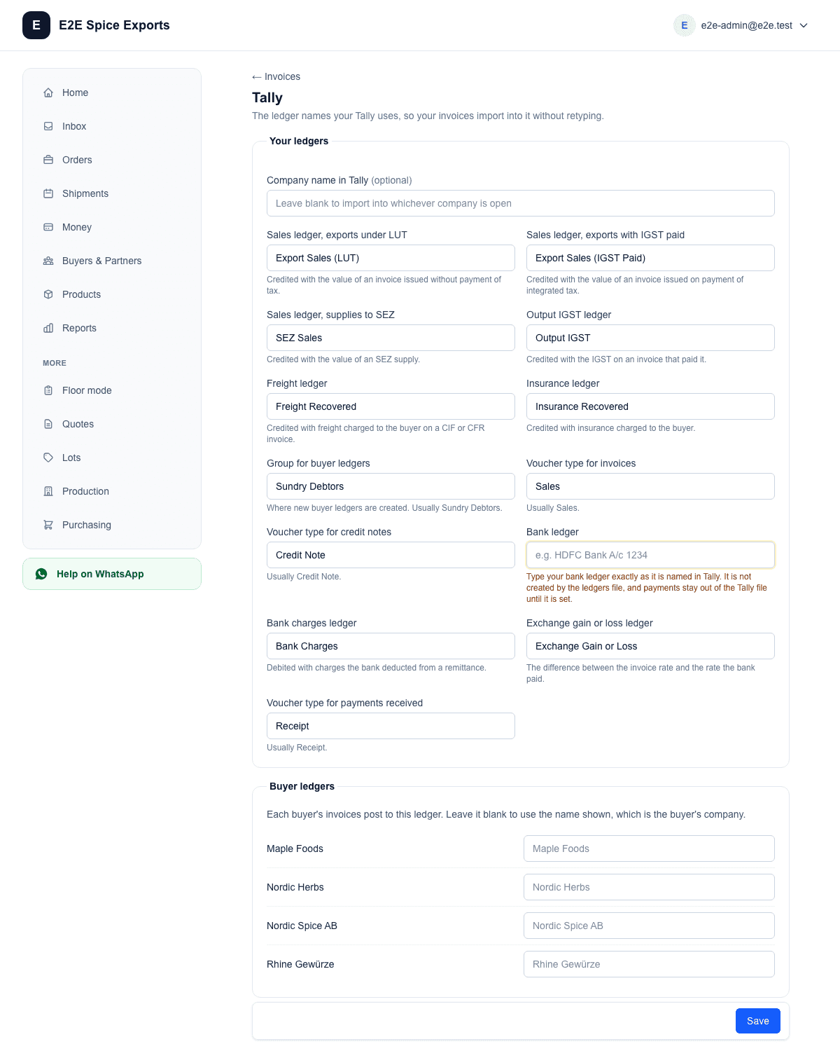 ExportEazy ledger mapping for TallyPrime: party, sales export, bank and forex ledgers
